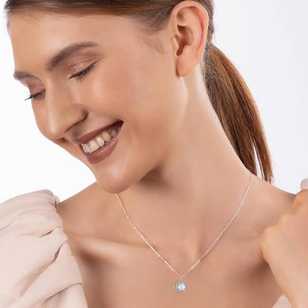 Silver Oxidised Silver Moonstone Crescent Pendant with Box Chain