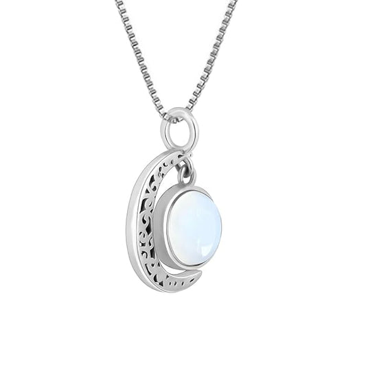 Silver Oxidised Silver Moonstone Crescent Pendant with Box Chain